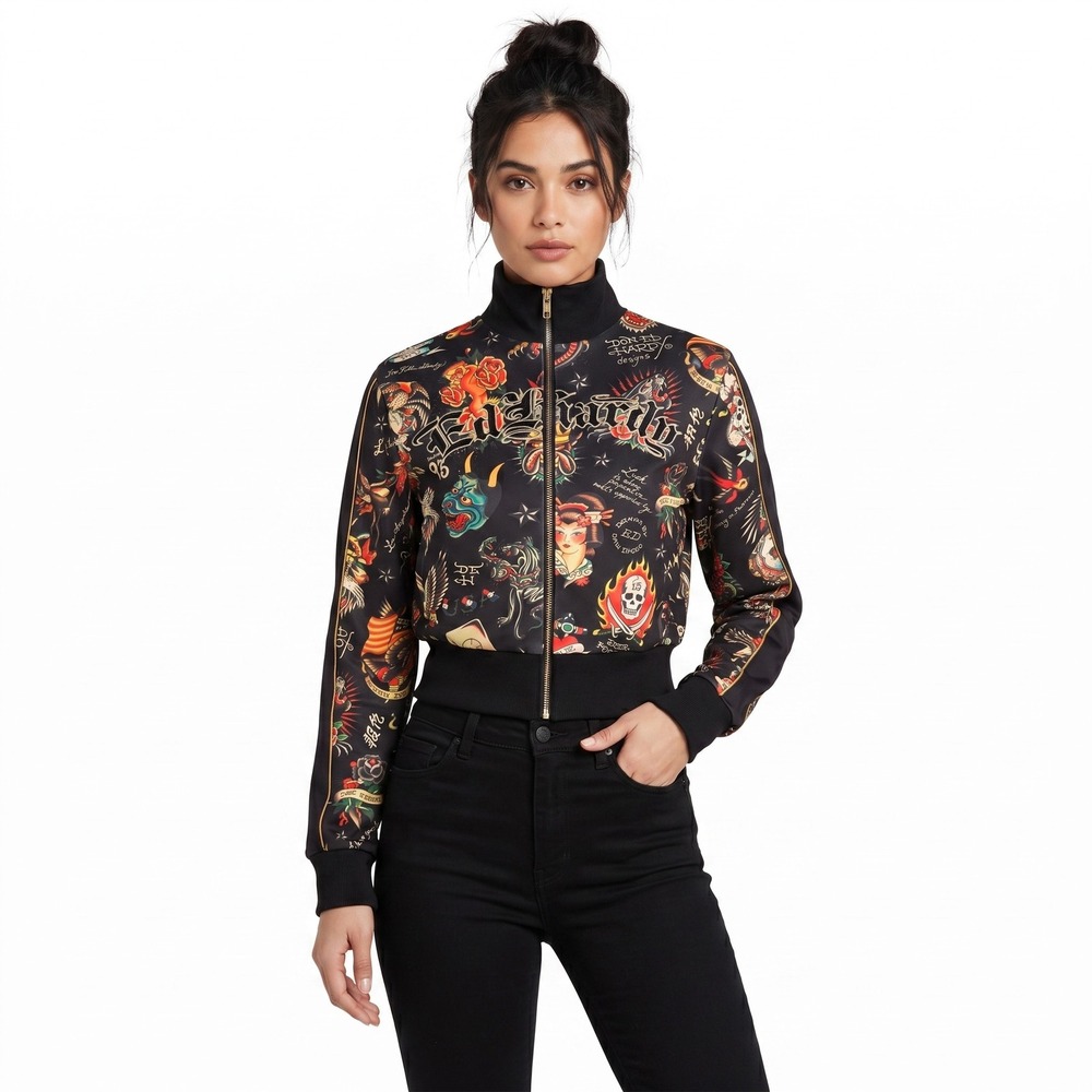 Ed Hardy Track Jacket Womens M Black Tattoo Print Y2K Zip Bomber Festival Crop
